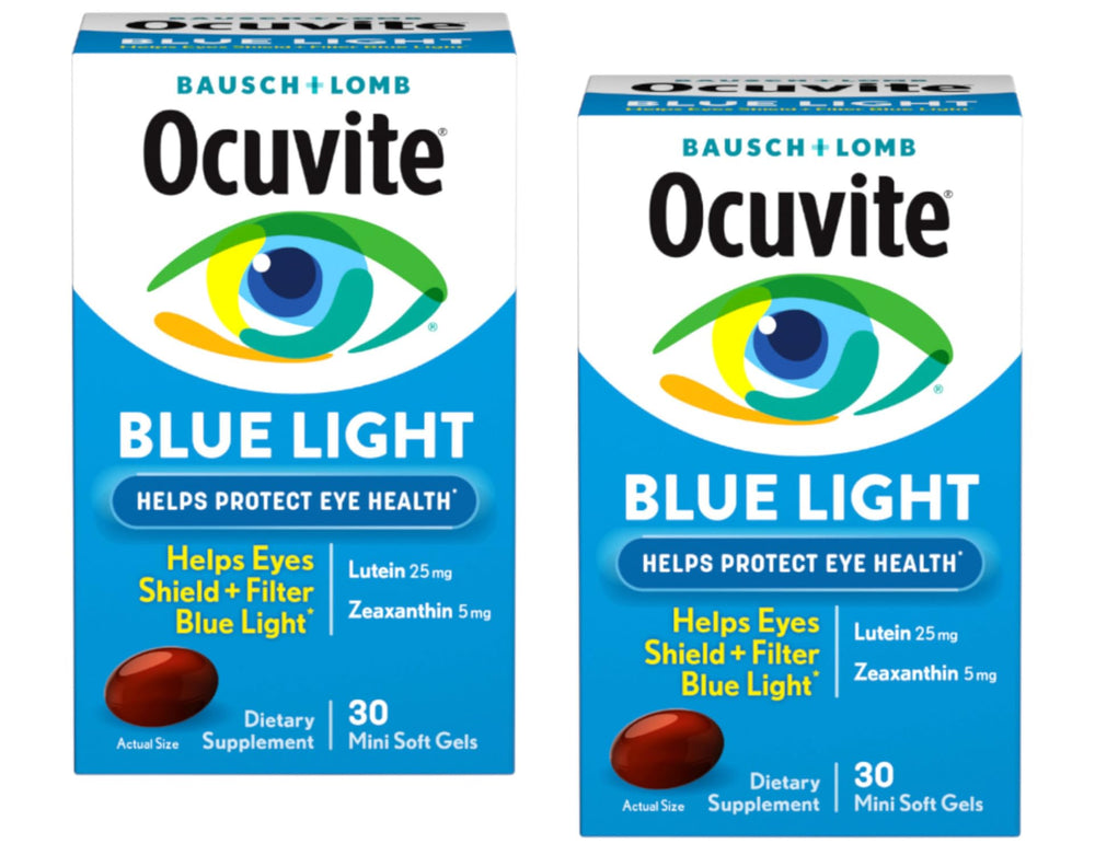 Ocuvite Blue Light softgels close-up highlighting lutein and zeaxanthin