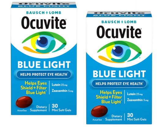 Ocuvite Blue Light softgels close-up highlighting lutein and zeaxanthin