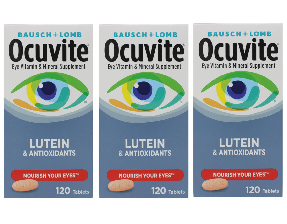 Ocuvite bottle front view highlights lutein and minerals for eye health support.