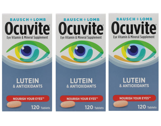 Ocuvite bottle front view highlights lutein and minerals for eye health support.