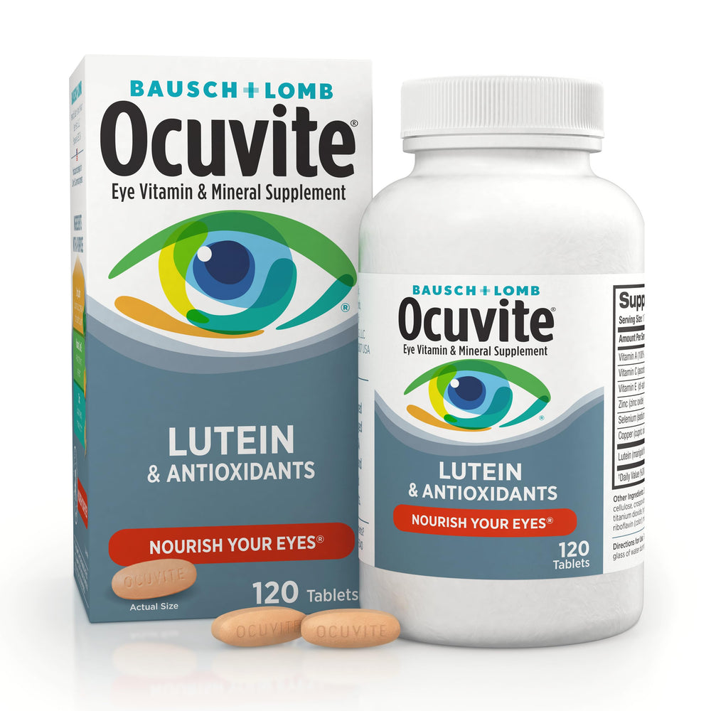 Ocuvite tablets close-up showcase lutein and essential nutrients for daily eye care.
