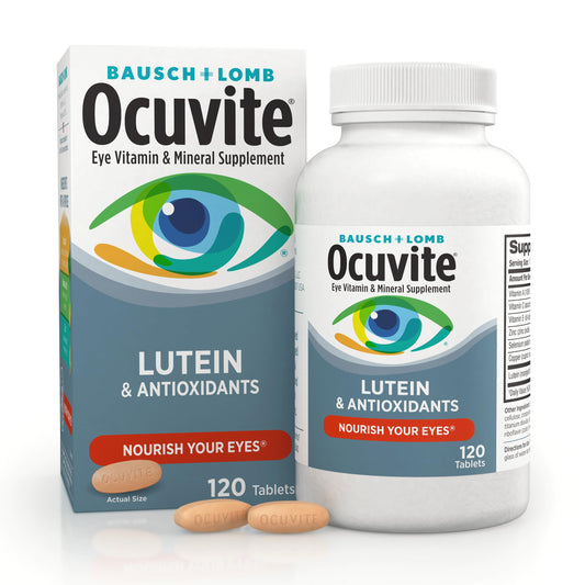 Ocuvite tablets close-up showcase lutein and essential nutrients for daily eye care.