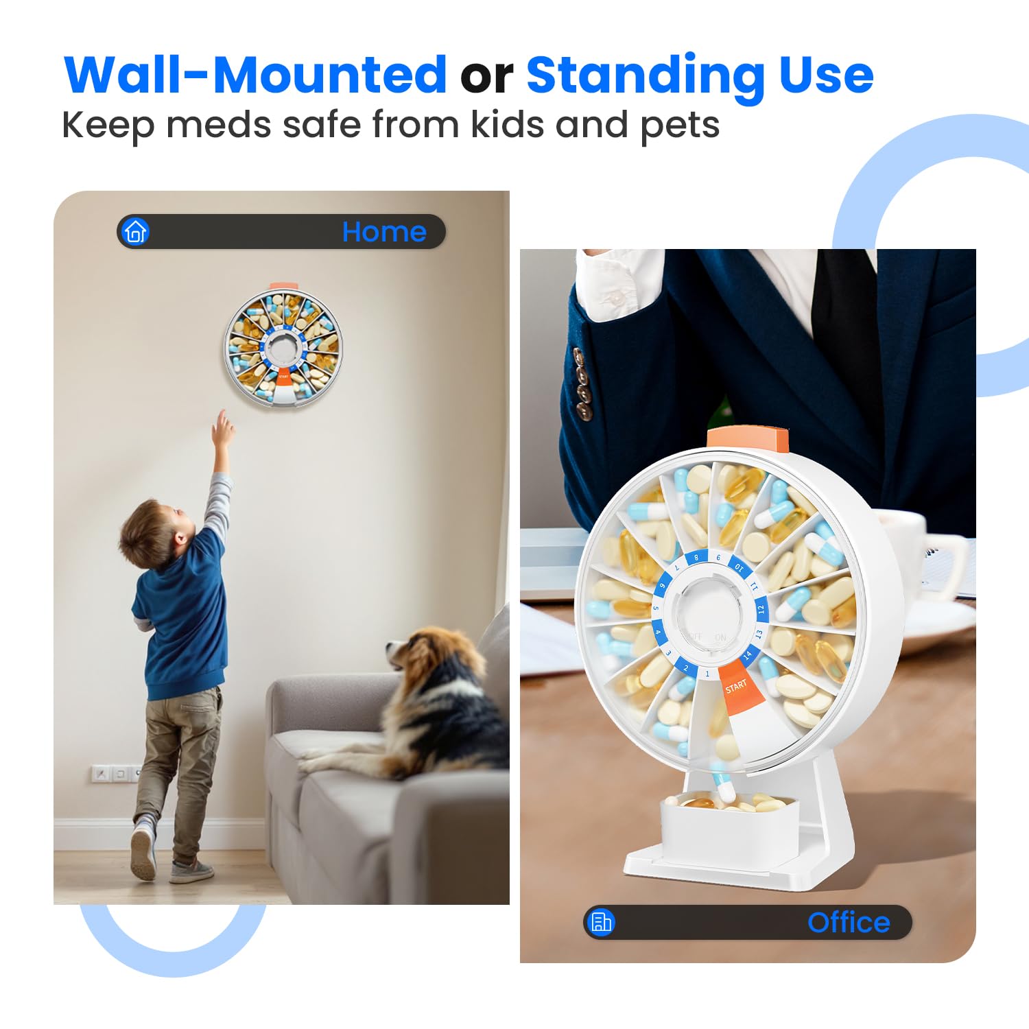Odaro large pill dispenser standing on a counter for accessible daily use.