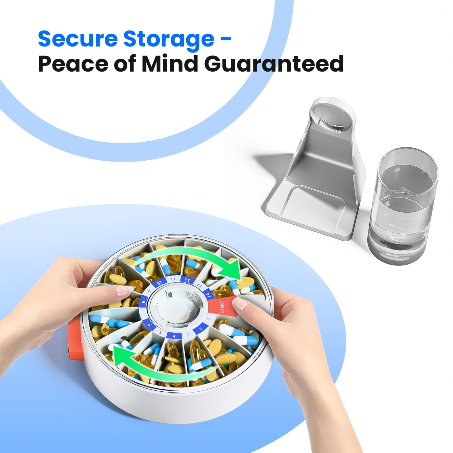 Odaro white pill dispenser with smooth surface for quick cleaning.