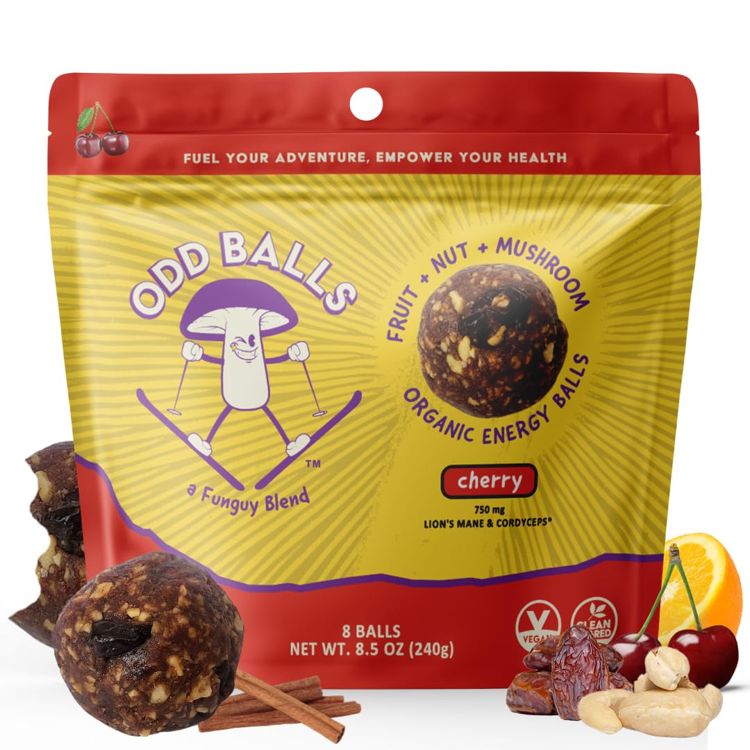 ODD BALLS Cherry energy balls front label highlighting organic ingredients and focus boost