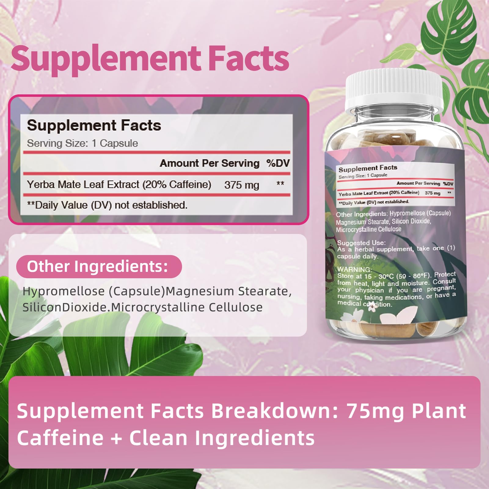 Oeaqeff Yerba Mate capsules bottle highlighting 75mg caffeine for sustained focus.