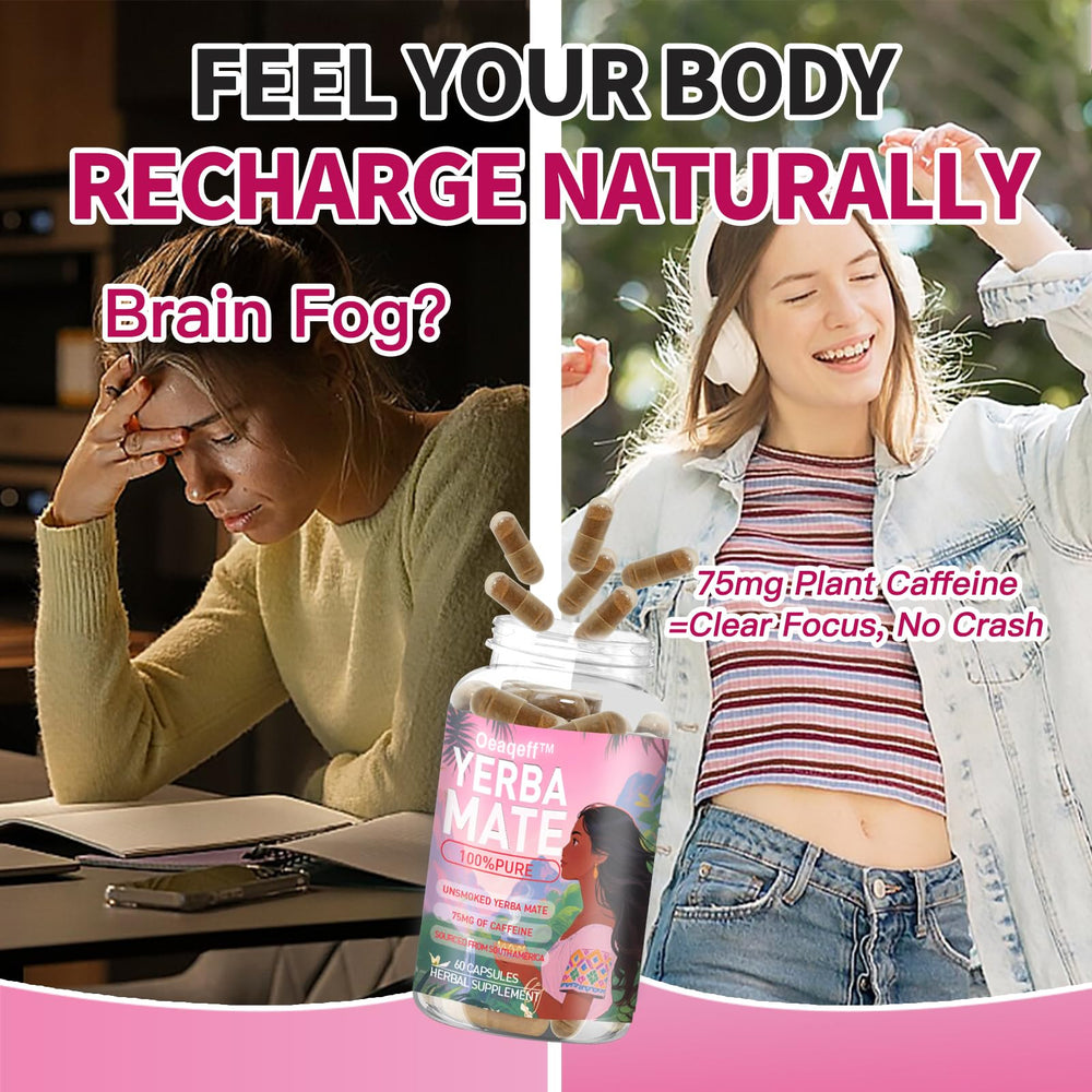 Oeaqeff Yerba Mate capsules with water illustrating easy digestion-friendly use.