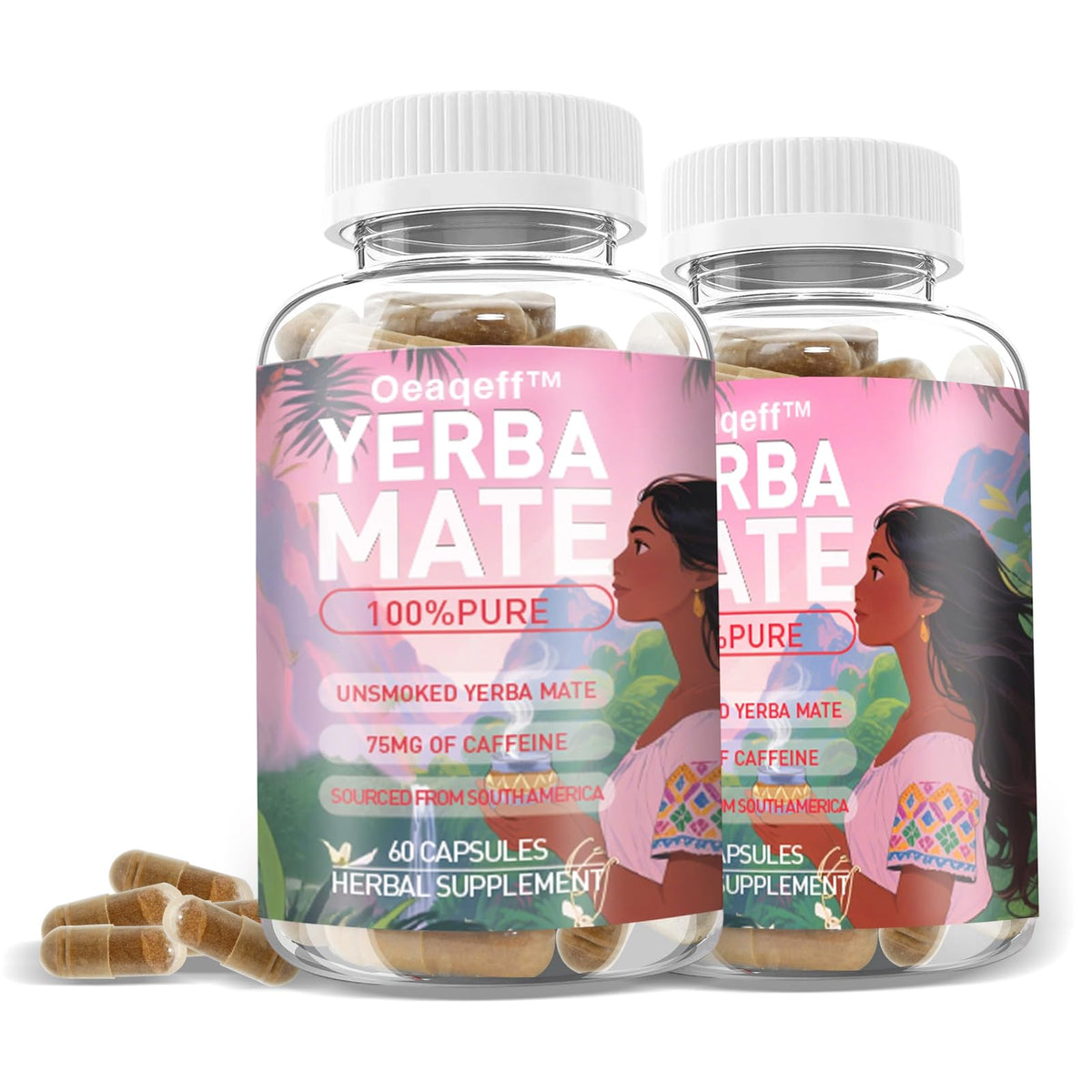 Oeaqeff Yerba Mate capsules packaging promoting clean, plant-based energy for daily routines.