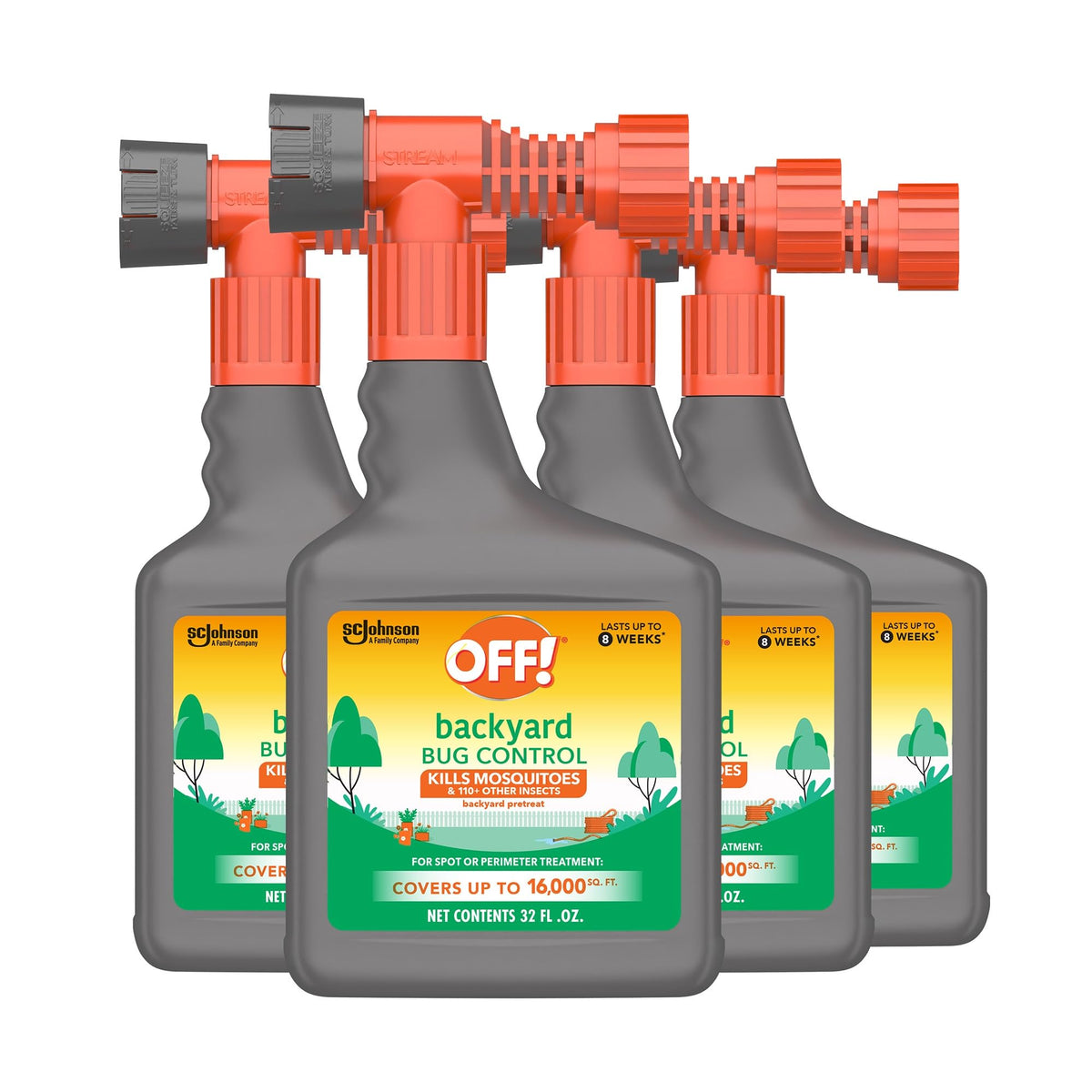 OFF! Backyard Bug Control yard pretreat sprayer attached to a hose for broad outdoor protection.