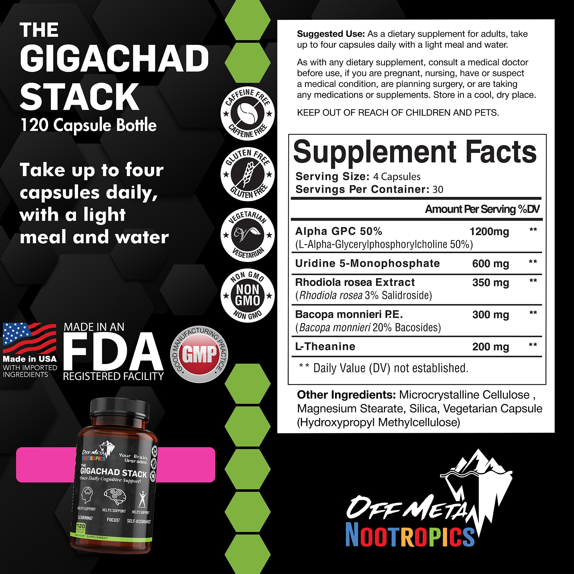 Off Meta Gigachad Stack capsules closeup showing dosage for sustained focus.