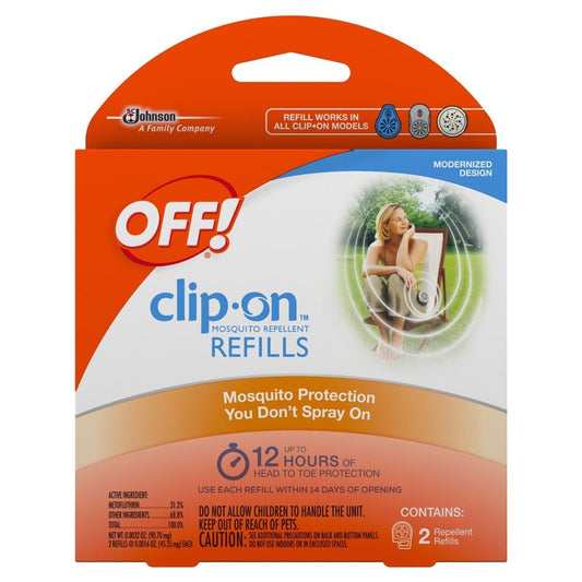 Two-refill pack ready for extended outdoor protection with OFF! Clip-On.