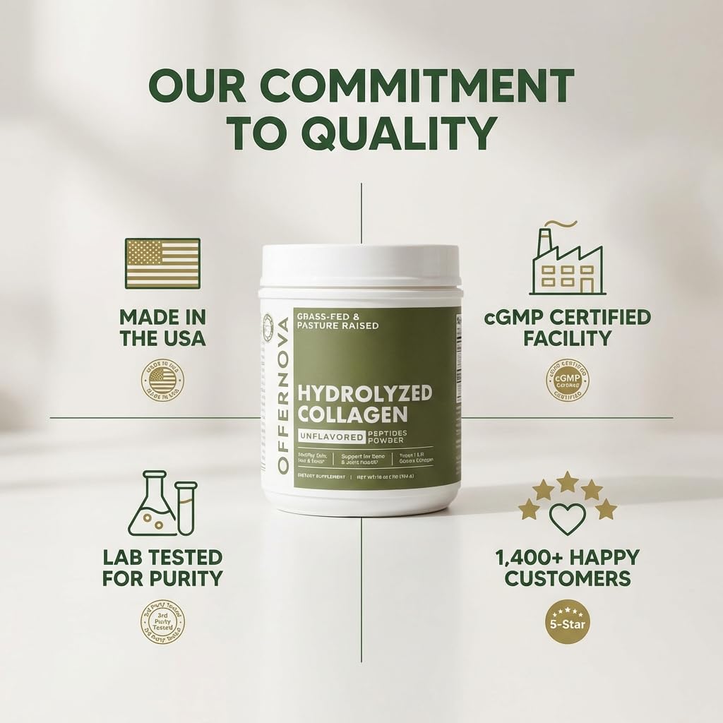 Offernova collagen powder in a smoothie highlights unflavored formula.