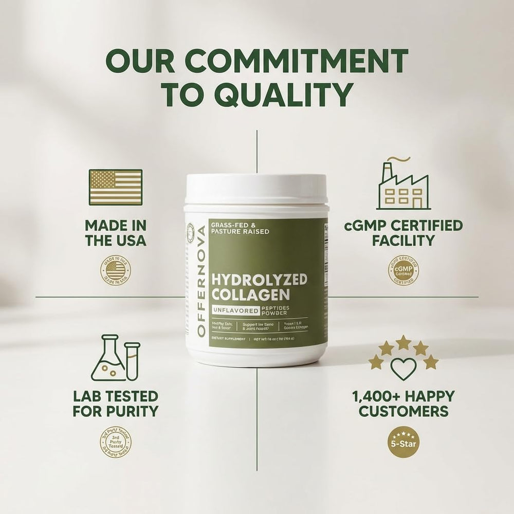 Offernova collagen powder in a smoothie highlights unflavored formula.