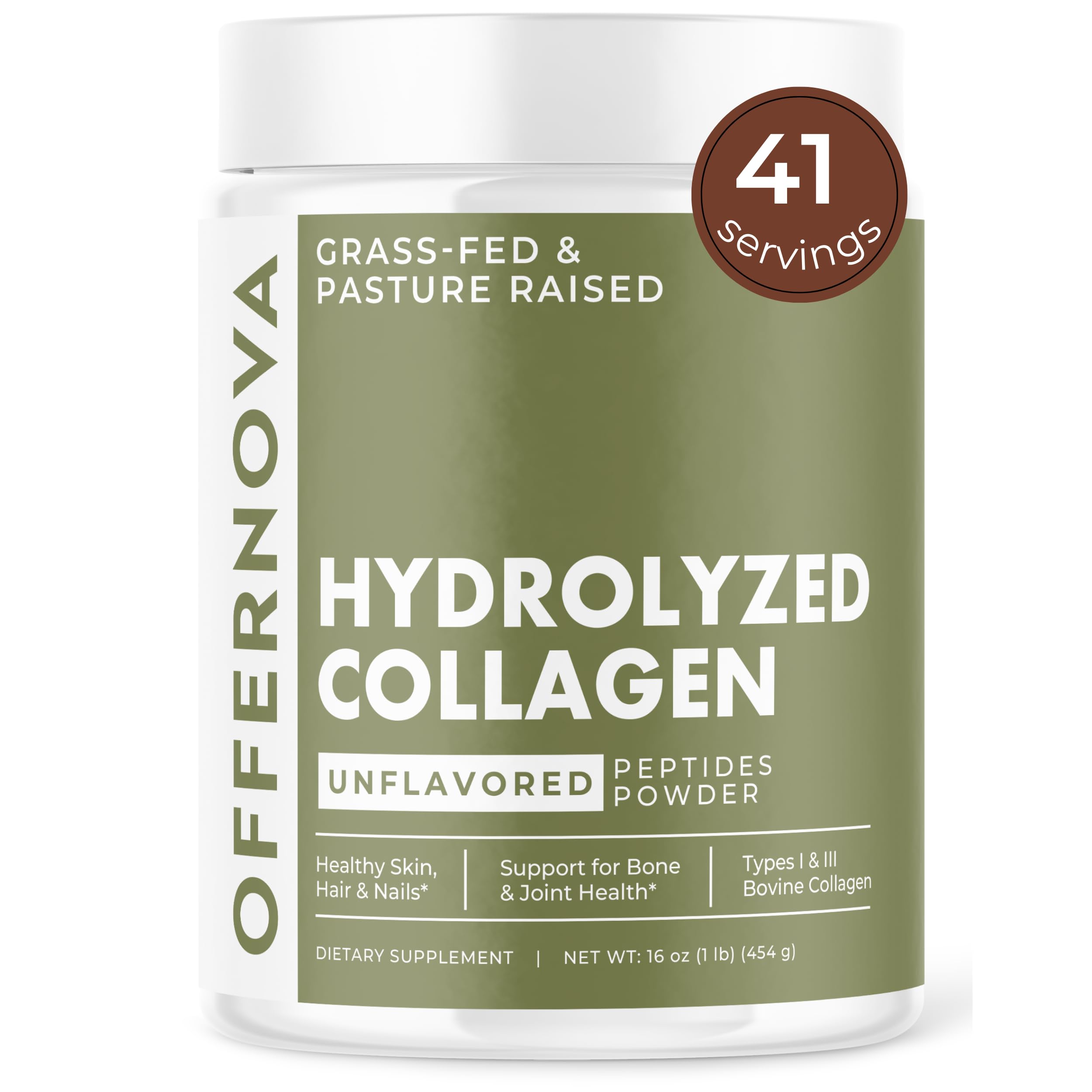 Offernova hydrolyzed collagen powder bottle for easy daily supplementation, supports hair, skin, and joints.
