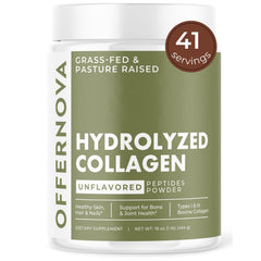 Offernova hydrolyzed collagen powder bottle for easy daily supplementation, supports hair, skin, and joints.