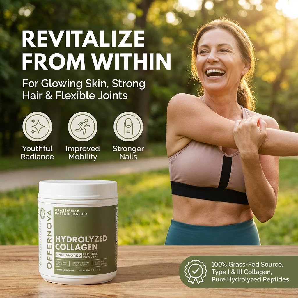 Offernova hydrolyzed collagen powder scoop closeup for precise dosing.