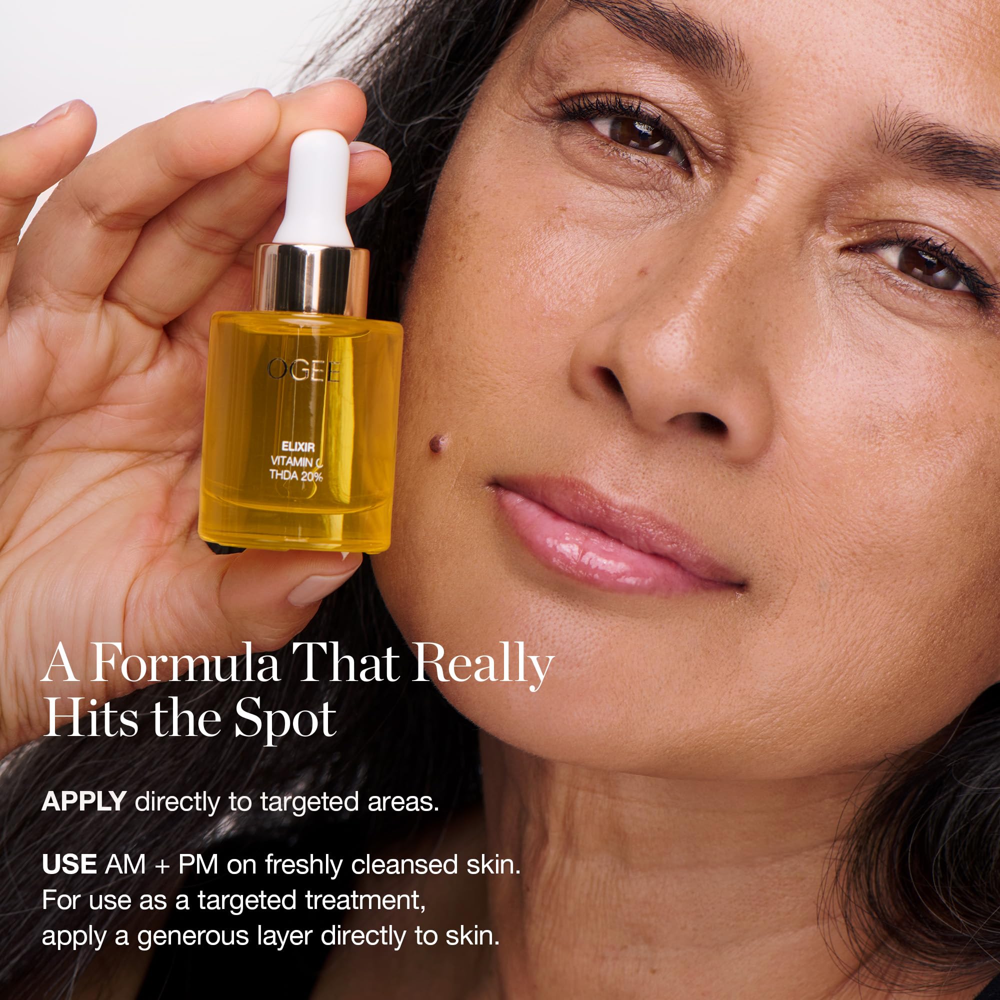 Ogee Vitamin C THDA 20% Elixir application on the face suggests a gentle, daily ritual.