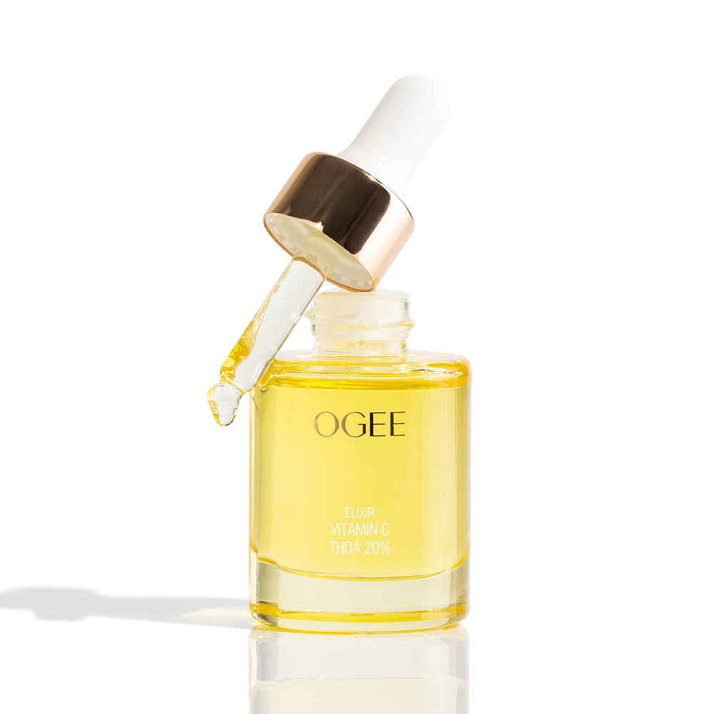 Ogee Vitamin C THDA 20% Elixir bottle pour demonstrates easy daily application for brightening.