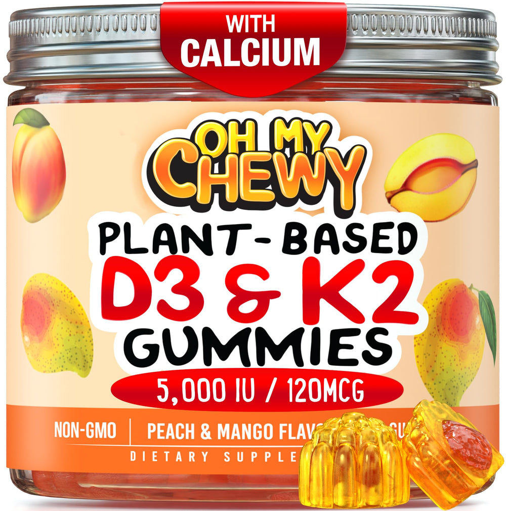 OH MY CHEWY center-filled D3 K2 calcium gummies in a bottle; convenient daily supplement.
