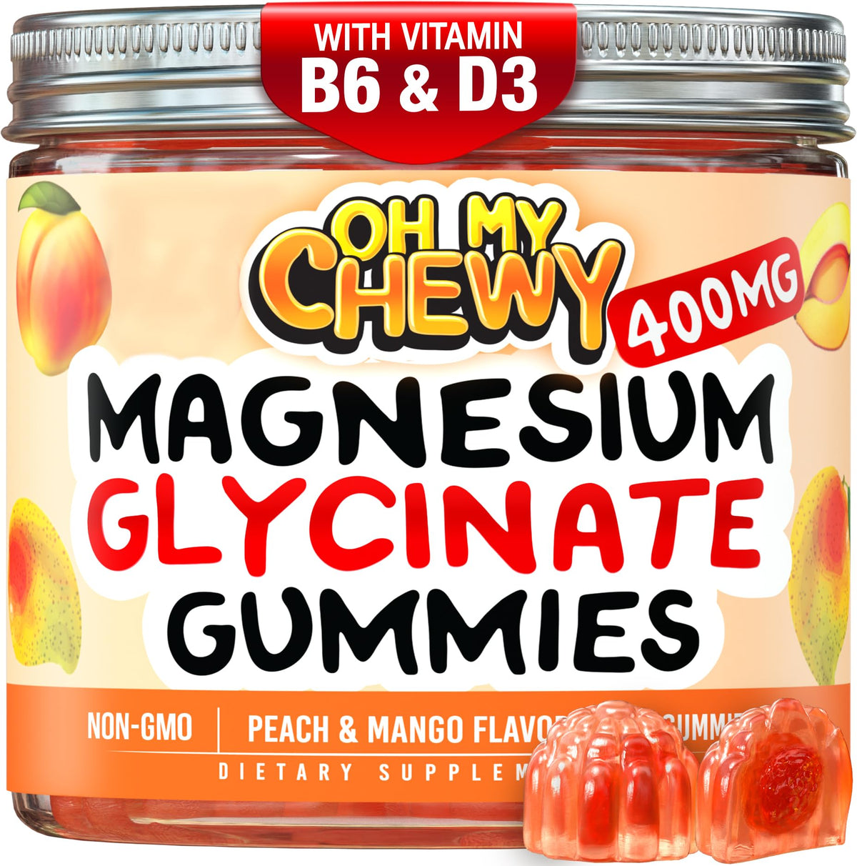 OH MY CHEWY center-filled magnesium glycinate gummies bottle showing 400 mg per serving.