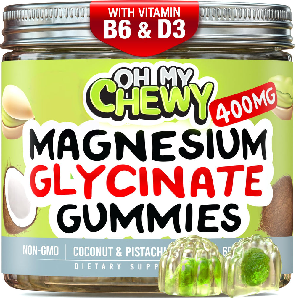 OH MY CHEWY center-filled magnesium glycinate gummies bottle promotes daily calm.