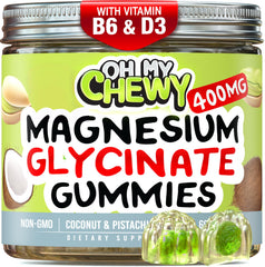 OH MY CHEWY center-filled magnesium glycinate gummies bottle promotes daily calm.