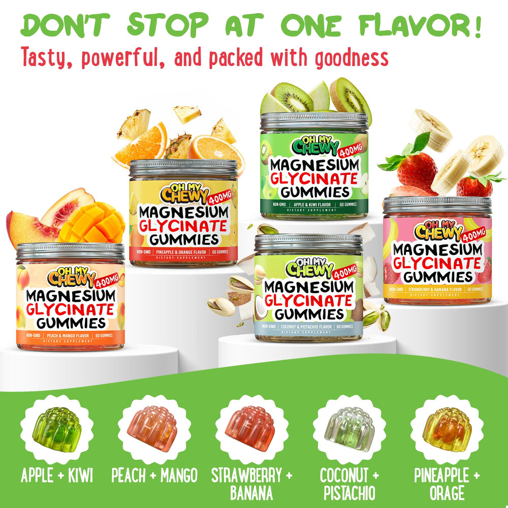 OH MY CHEWY ingredient icons closeup showcasing vegan, gluten-free, non-GMO formula.
