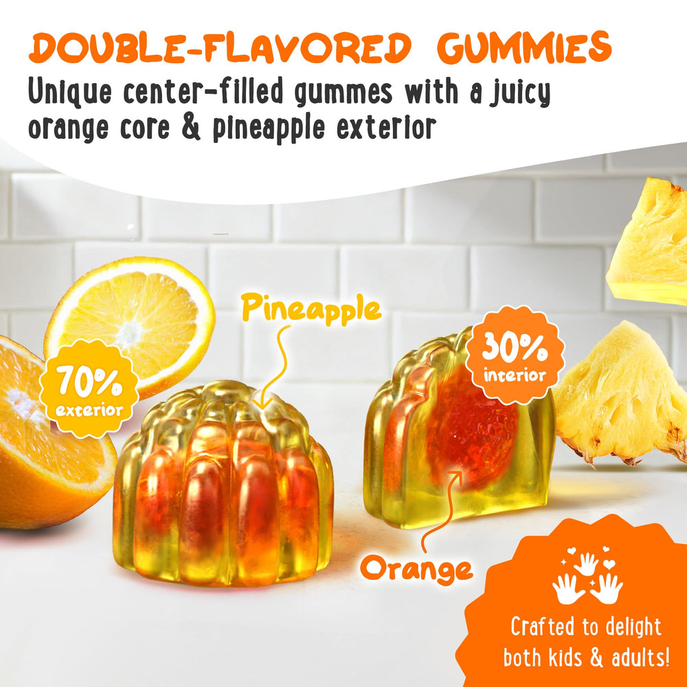 OH MY CHEWY center-filled gummies close up shows fruity dual flavor option