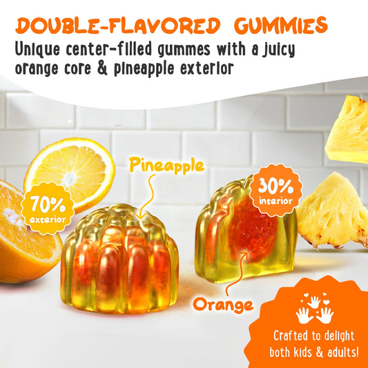 OH MY CHEWY center-filled gummies close up shows fruity dual flavor option