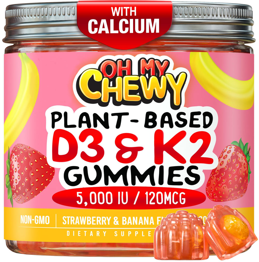 OH MY CHEWY center-filled gummies bottle hero offering daily bone and teeth support.