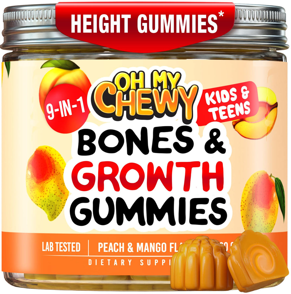 OH MY CHEWY Height Growth Gummies bottle with peach-mango flavor for kids and teens.