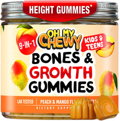 OH MY CHEWY Height Growth Gummies bottle with peach-mango flavor for kids and teens.