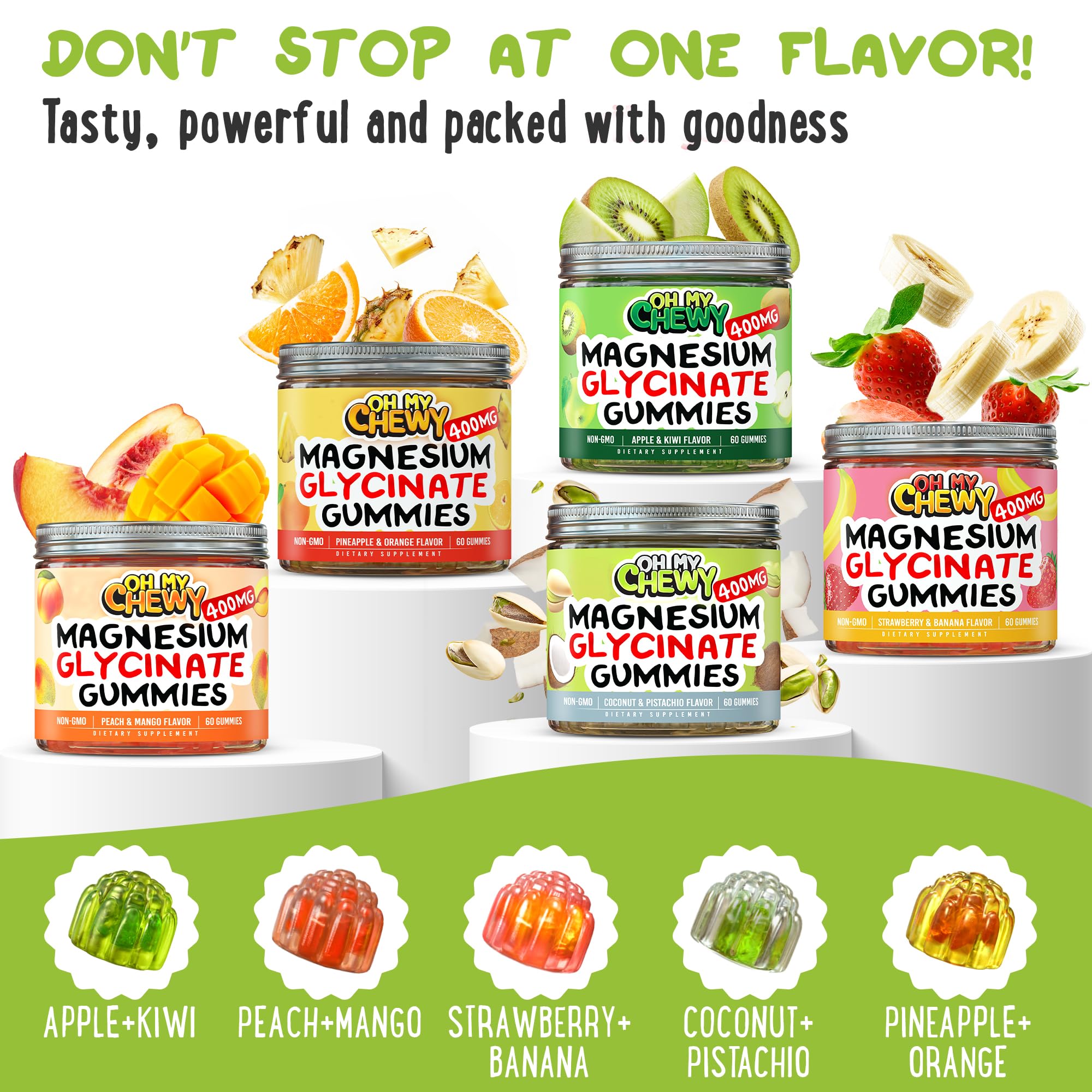 OH MY CHEWY jar displays non-GMO and sugar-free branding for wellness.