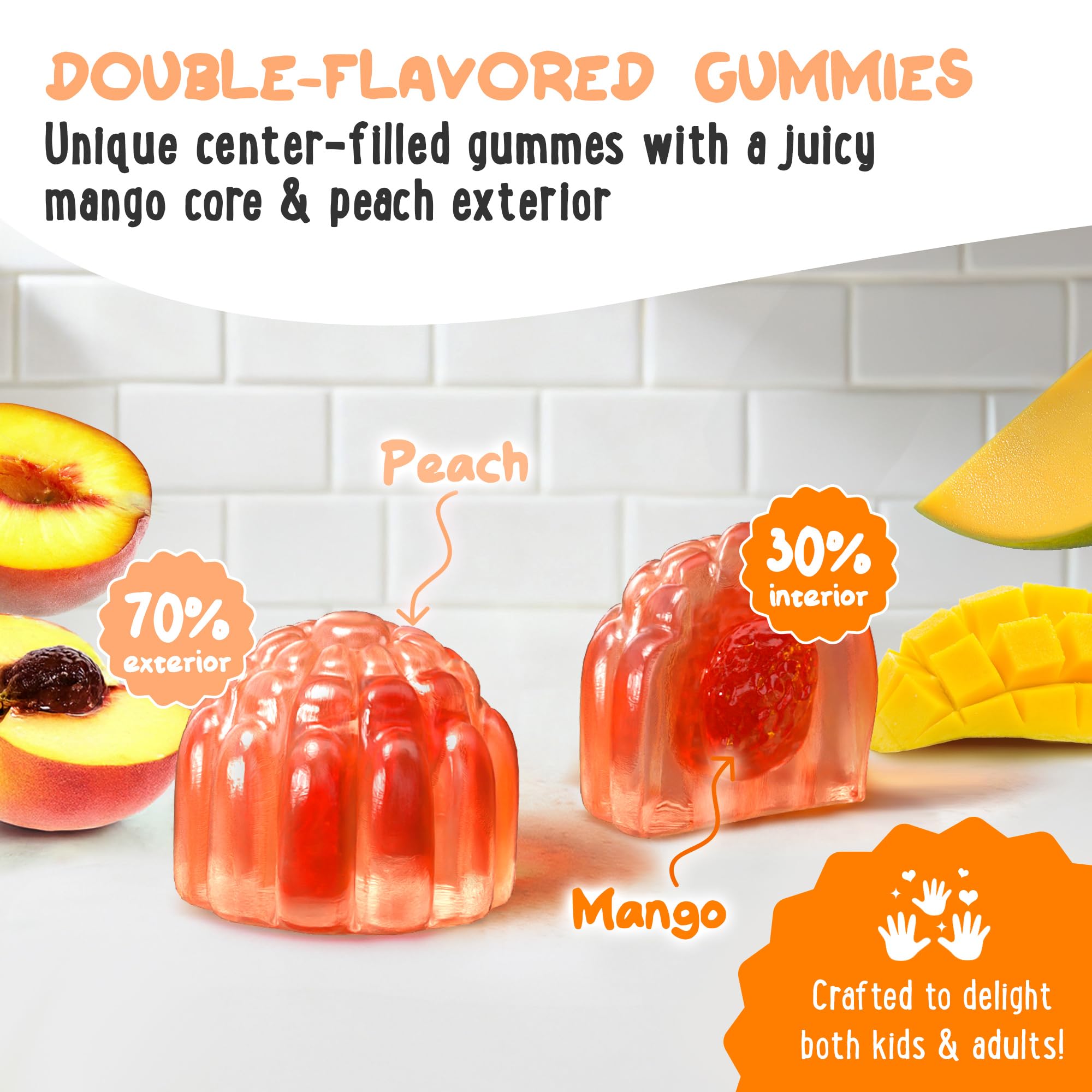 OH MY CHEWY two flavor gummies cross-section reveals exterior and interior fruity layers.