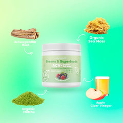 Oh My Glow! Super Greens ingredients on kitchen counter with fresh produce for daily use.