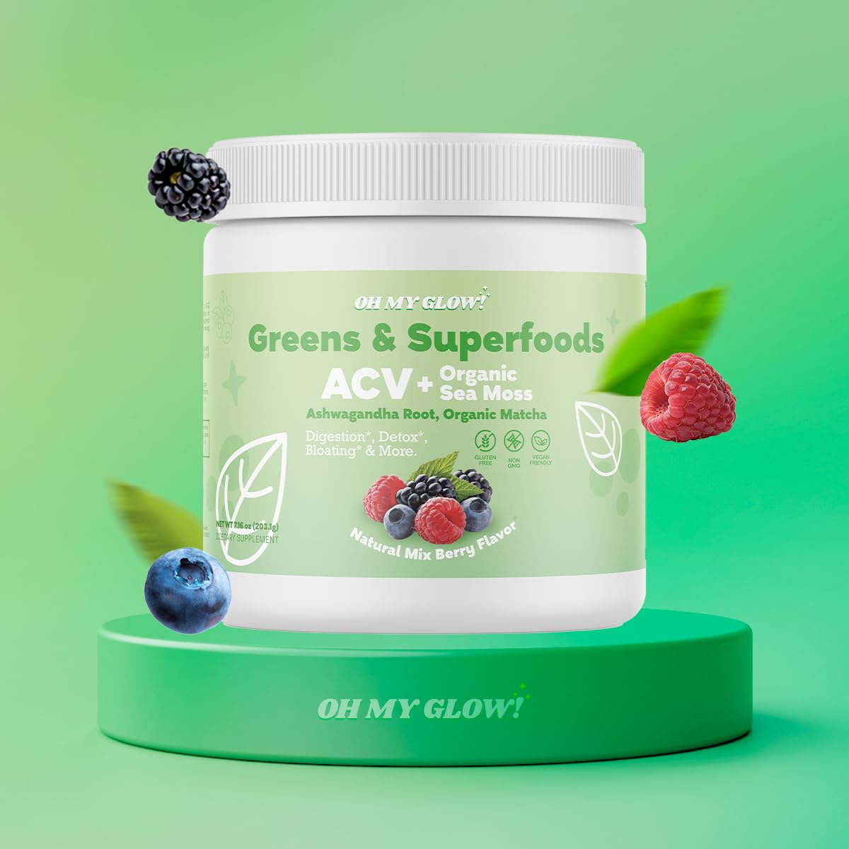 Oh My Glow! Super Greens being poured into a glass for daily routine.
