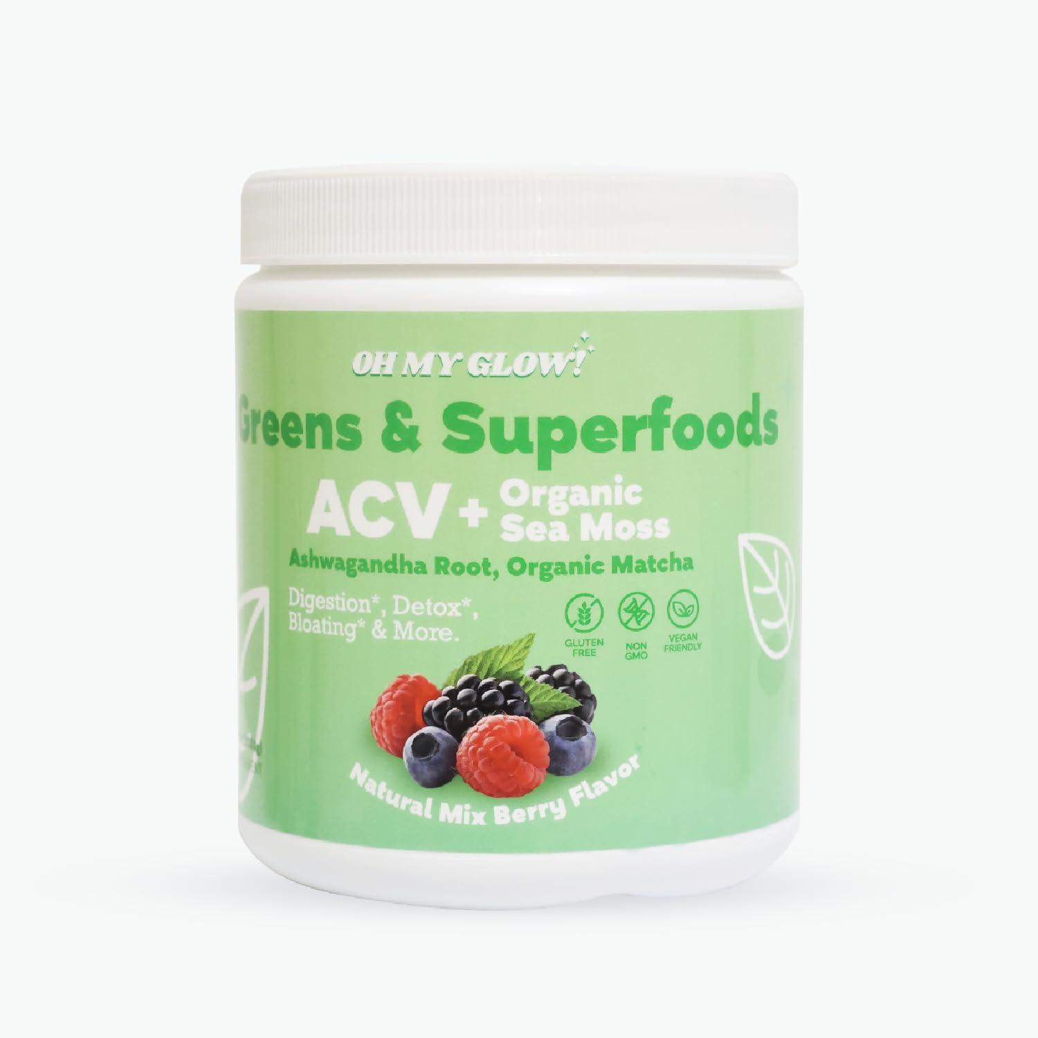 Oh My Glow! Super Greens bottle with scoop for daily vitality support.