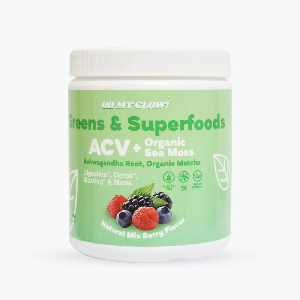 Oh My Glow! Super Greens bottle with scoop for daily vitality support.