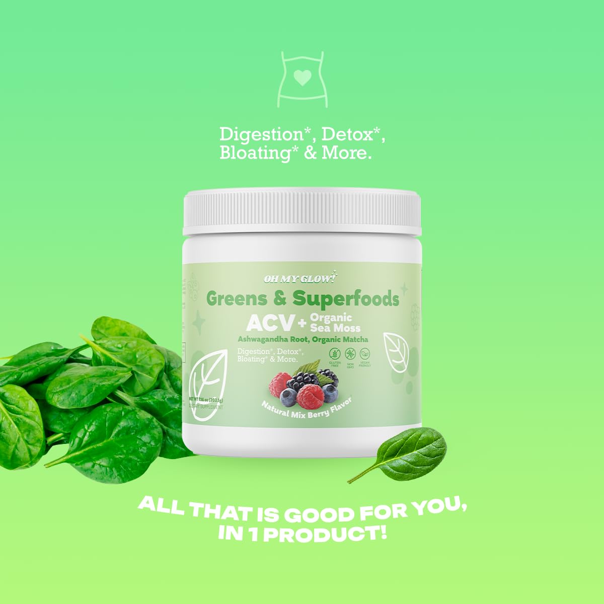 Oh My Glow! Super Greens scoop and powder ready to mix for digestion-friendly drinks.