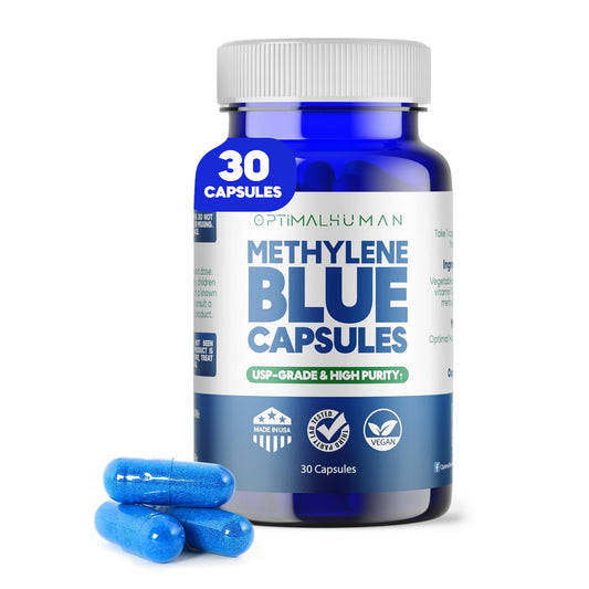 OH Optimal Human Naturals methylene blue tablets bottle shows USP-grade capsules for consistent quality.
