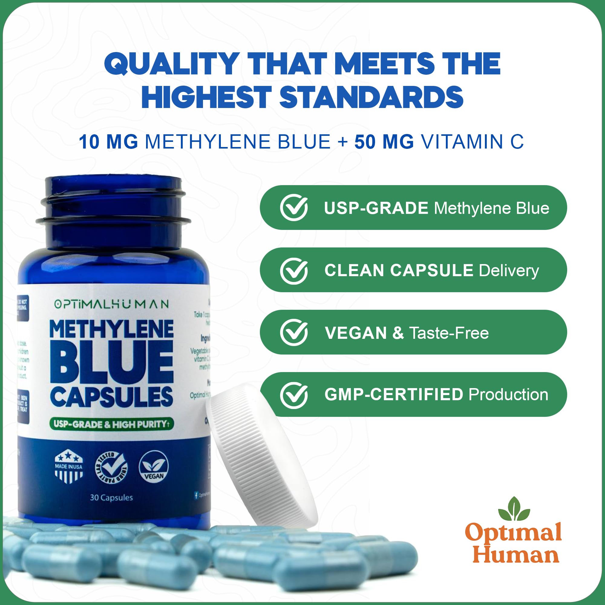 OH Optimal Human Naturals capsules inside jar illustrate vegan, plant-based formula without gelatin.