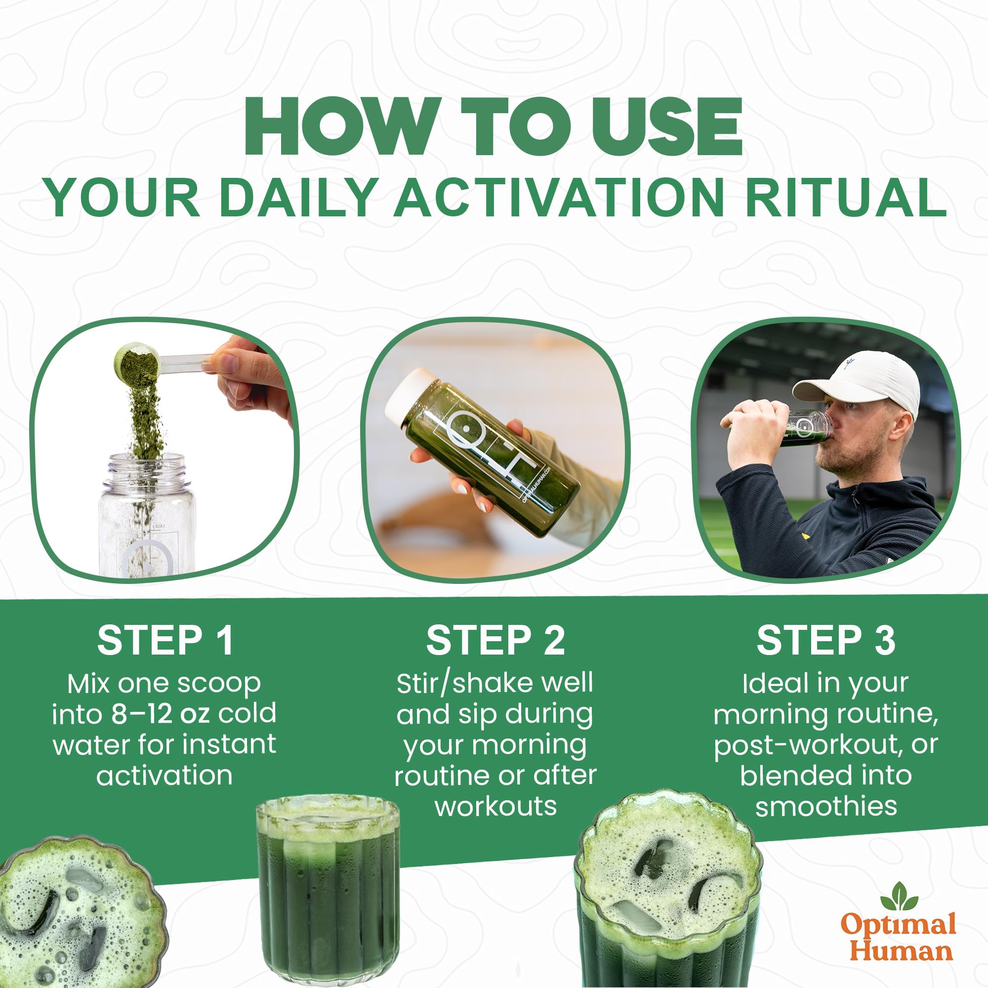 OH Optimal Human Superfood Powder being poured into a glass for refreshing hydration.