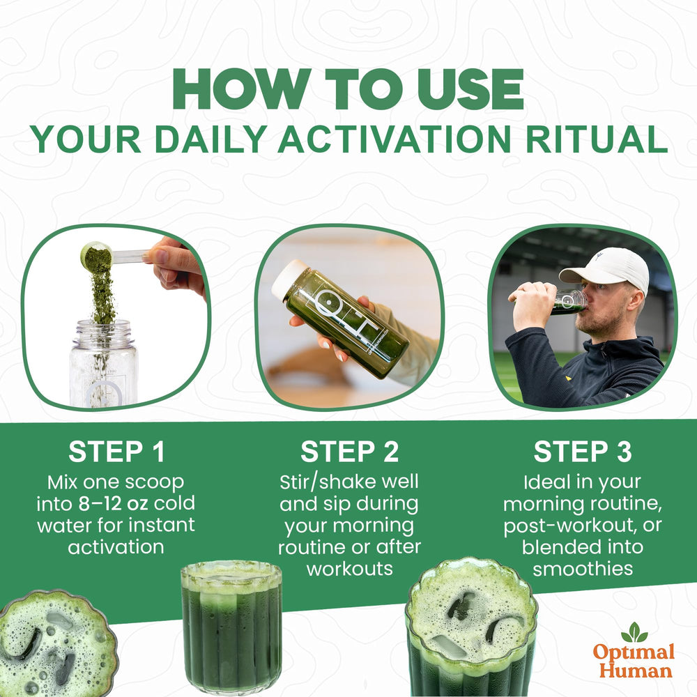 OH Optimal Human Superfood Powder being poured into a glass for refreshing hydration.
