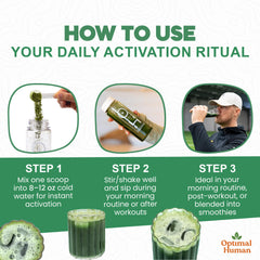OH Optimal Human Superfood Powder being poured into a glass for refreshing hydration.