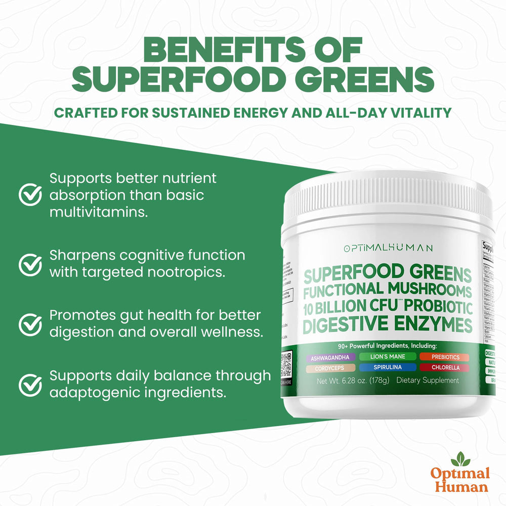 OH Optimal Human Superfood Powder scoop beside powder for fast morning vitality.