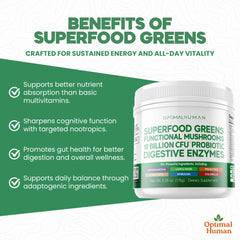 OH Optimal Human Superfood Powder scoop beside powder for fast morning vitality.