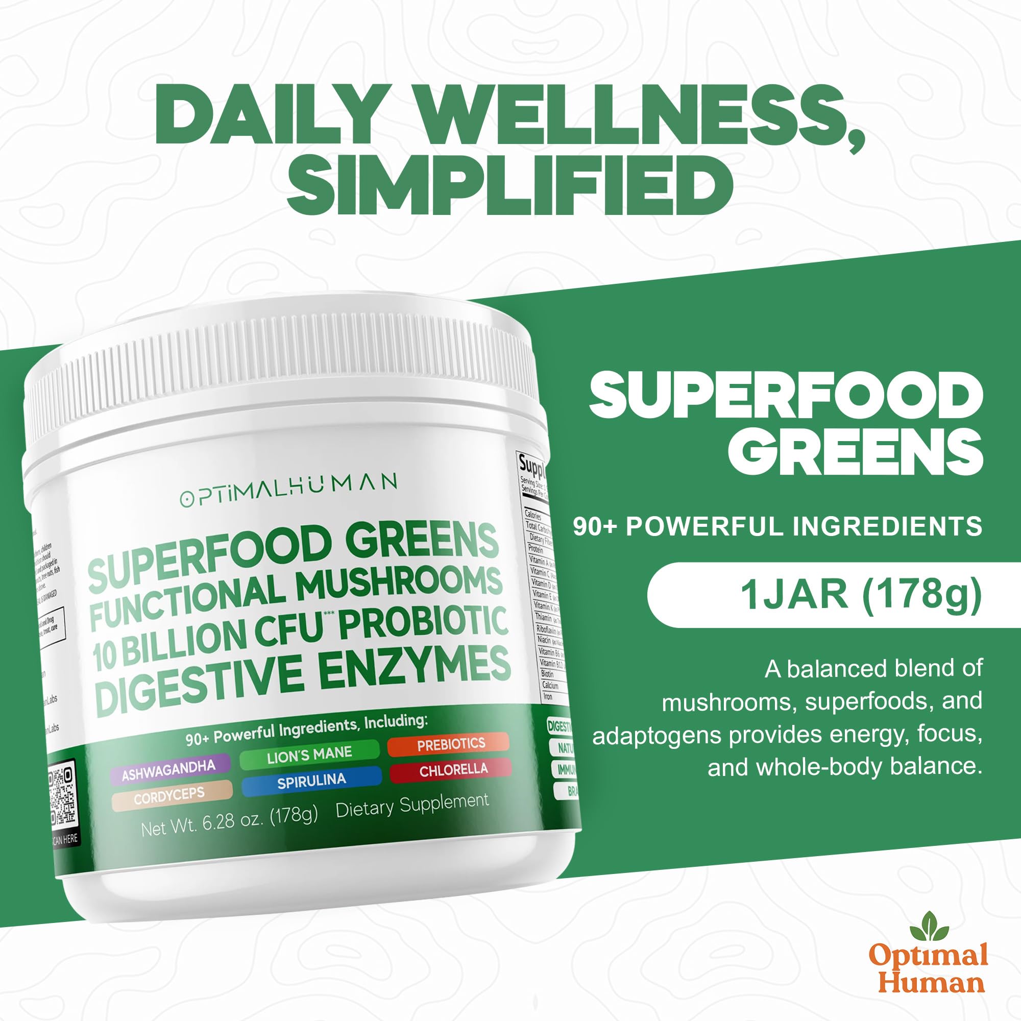 OH Optimal Human Superfood Powder tub open ready for quick on-the-go energy.