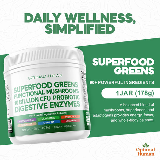 OH Optimal Human Superfood Powder tub open ready for quick on-the-go energy.