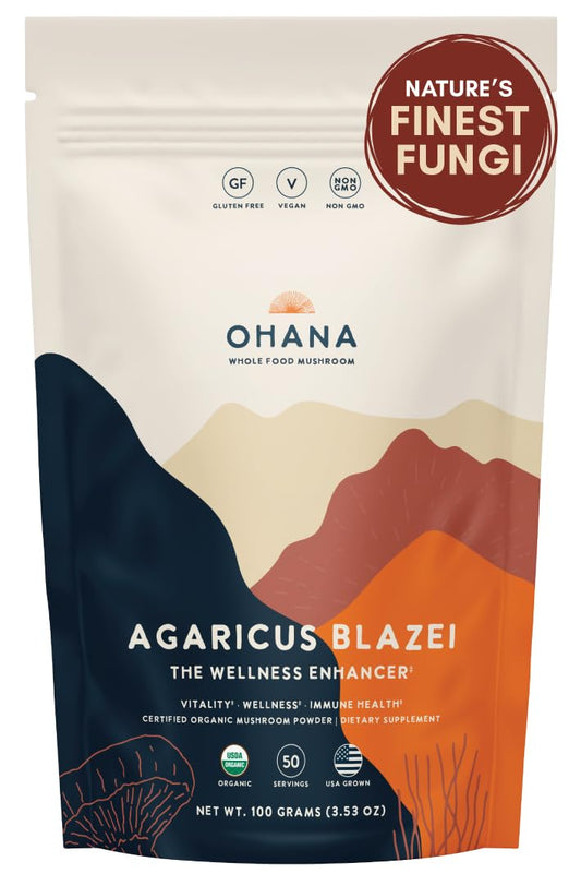 Ohana Agaricus Blazei bottle pour for convenient daily supplementation.
