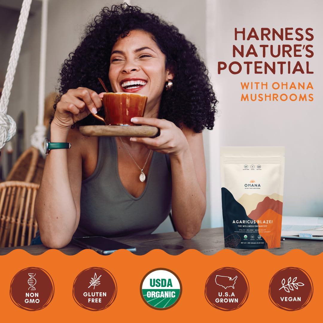 Ohana Agaricus Blazei kitchen-use image suggests versatile incorporation.